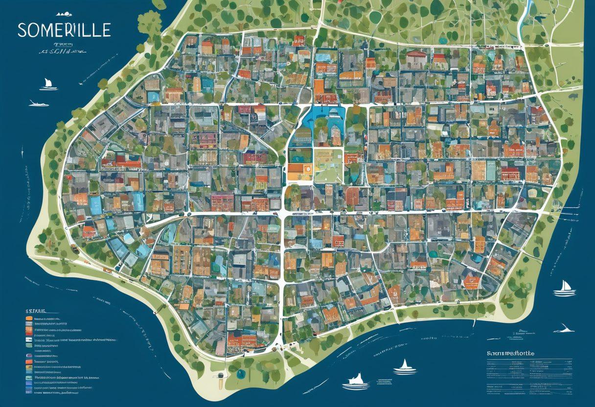 A detailed map of Somerville showcasing neighborhood highlights with whimsical icons representing local amenities, schools, and parks. Overlay graphs showing real estate trends and statistics, complemented by visually appealing house illustrations. Include diverse families enjoying community activities and vibrant streets. atmosphere of warmth and inclusivity. vibrant colors. vector art.