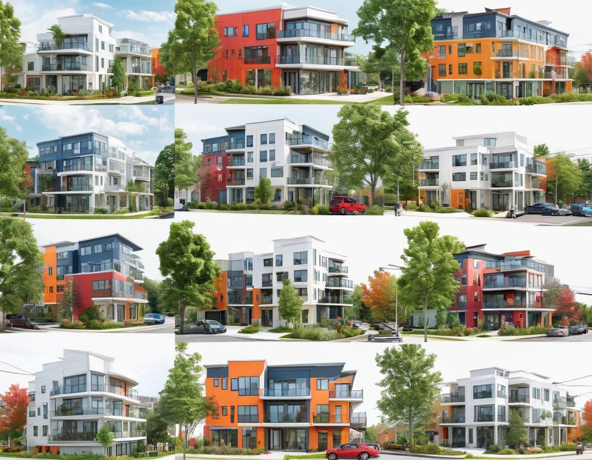 A vibrant collage showcasing a variety of modern condos in Somerville, surrounded by lush greenery and urban amenities like parks and cafes. Include diverse residents enjoying the community, highlighting investment opportunities like open houses and financial growth charts. The scene should convey a lively and welcoming atmosphere. super-realistic. vibrant colors. white background.