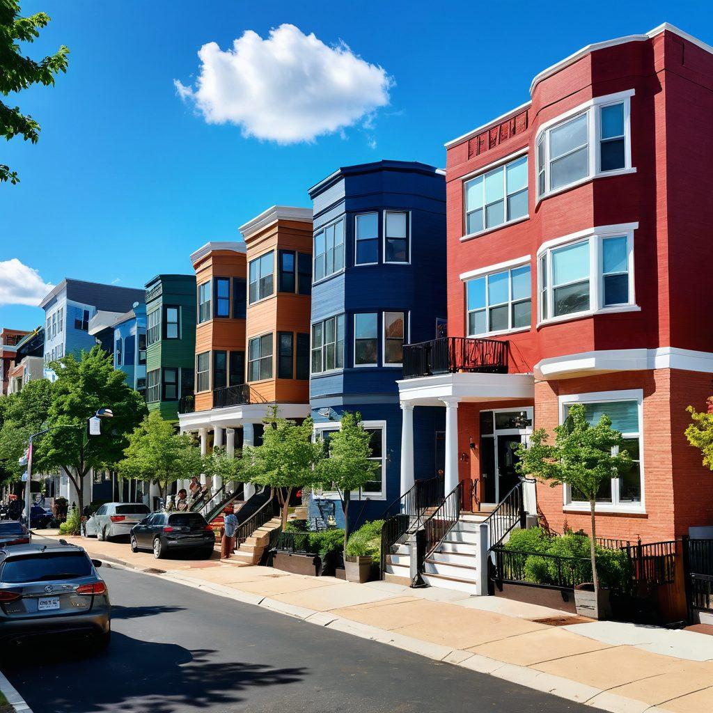 A vibrant street scene in Somerville showcasing a mix of luxurious condos and affordable housing. Include people enjoying the outdoors, with modern architecture on one side and cozy, quaint homes on the other. Display lush greenery, parks, and bustling local shops to highlight community spirit. The sky should be a bright blue with fluffy clouds. super-realistic. vibrant colors. urban setting.